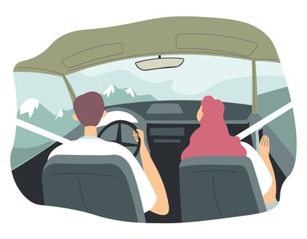 Couple driving car, vacations nature with mountain vector