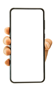 Hand holding mobile smartphone with blank transparent screen and background - PNG file.