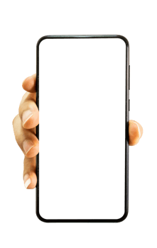 Hand holding mobile smartphone with blank transparent screen and background - PNG file.