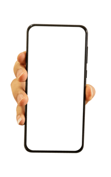Hand holding mobile smartphone with blank transparent screen and background - PNG file.