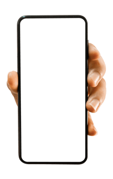 Hand holding mobile smartphone with blank transparent screen and background - PNG file.