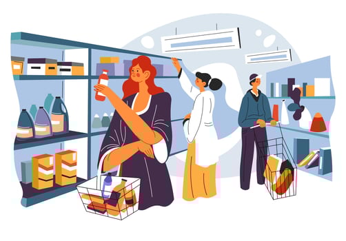 Female character buying products in supermarket vector