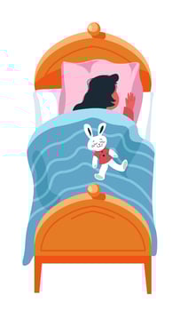 Small kid sleeping with plush rabbit toy in bed vector
