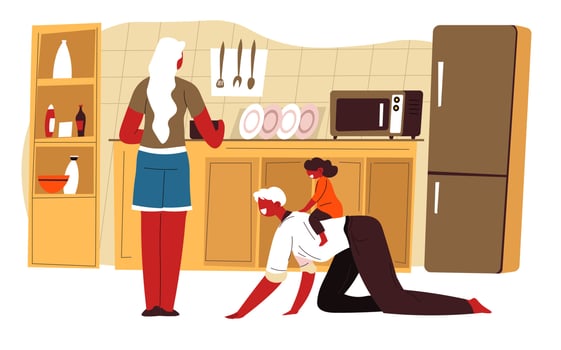 Woman on kitchen doing chores man playing with kid vector