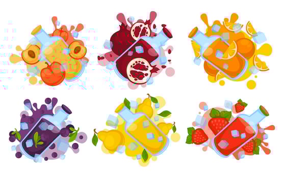 Collection juicy natural fruit juices in bottles. vector