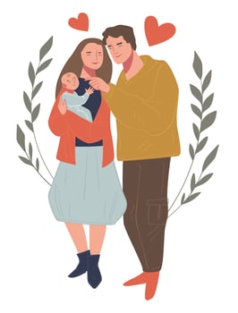 Mother and father family with newborn kid on hands vector