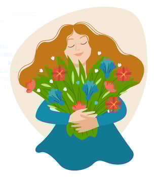 Happy woman cuddling bouquet of flourishing flower vector