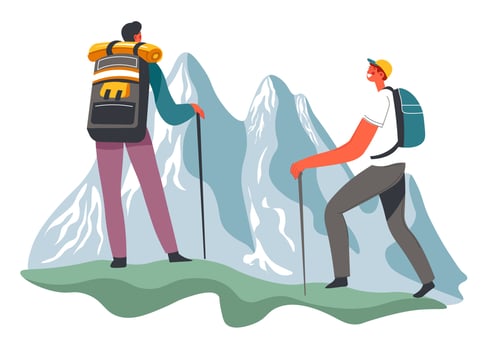 Hiking male characters with poles in mountains vector