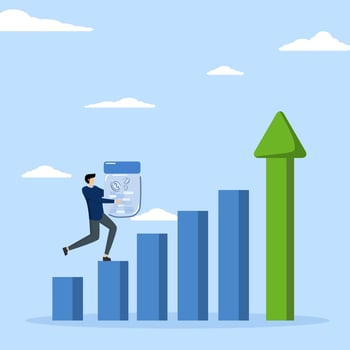 Growth stock concept, economic prosperity or growth returns in savings and investment, confident businessman investor holding a rich pink piggy bank walking over green arrow stock market bar chart. vector