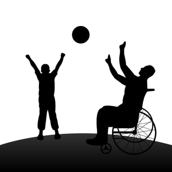 Disabled man in wheelchair playing ball with child . Happy family concept. vector