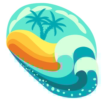 Vector illustration with tropical island, palm trees and turquoise waves in flat technique