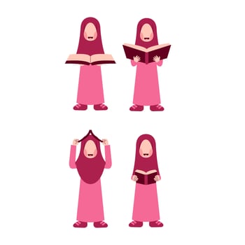 Set Of Hijab Girl Character Holding Book vector