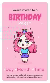 Happy birthday vertical invitation card with cartoon kawaii anime girl. Vector illustration for celebrating date birth. Web or print design.