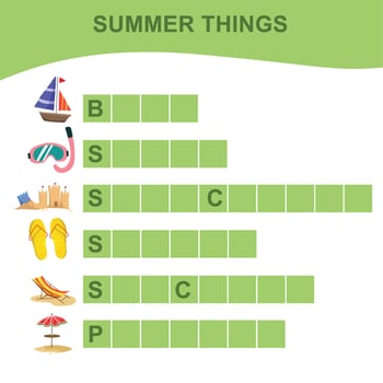 Summer Things Names Worksheet. Educational activity for preschool kids. Preschool Education. Vector illustration.