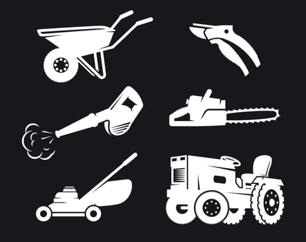 Gardening equipment icons. White on a black background vector