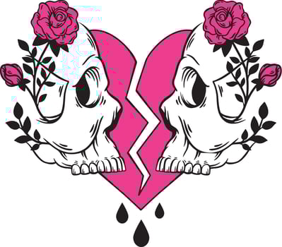 Broken heart and two skulls with roses. Hand drawn emo style design vector