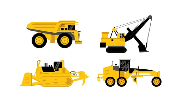 four yellow mining vehicle set flat element  on white background. vector