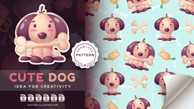 Seamless pattern cartoon character adorable dog with bone, pretty animal idea for print t-shirt, poster and kids envelope, postcard. Cute hand drawn style puppy vector