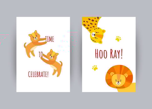 Greeting cards with animals. Colorful celebration cards with puppies, leopard and lion. Vector illustration