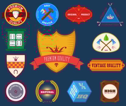Set of flat colored vintage Premium Quality labels. Collection 12 vector