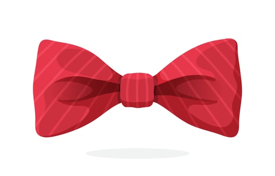 Red bow tie with print in diagonal stripes. Vector illustration in cartoon style. Vintage elegant bowtie. Men's clothing accessories