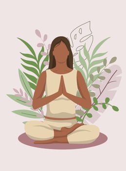 Mindfulness, meditation and yoga background in pastel vintage colors with women sit with crossed legs and meditate. Vector illustration