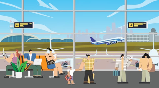 Airport departure area  tourists with luggage waiting relaxing in departure hall terminal for boarding plane departure, travelers aircraft vector