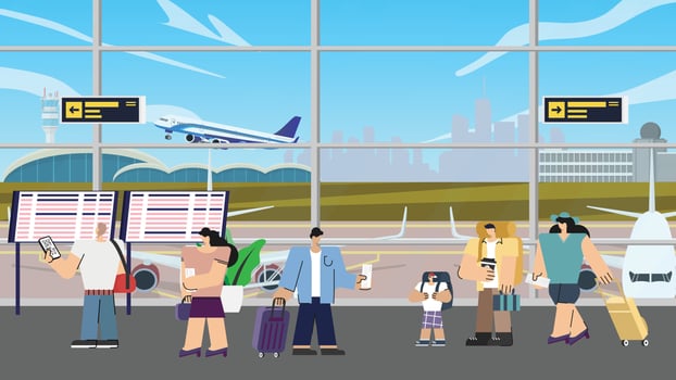 Airport departure area  tourists with luggage waiting relaxing in departure hall terminal for boarding plane departure, travelers aircraft vector