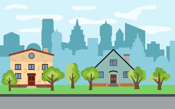 Vector city with two two-story cartoon houses and green trees in the sunny day. Summer urban landscape. Street view with cityscape on a background