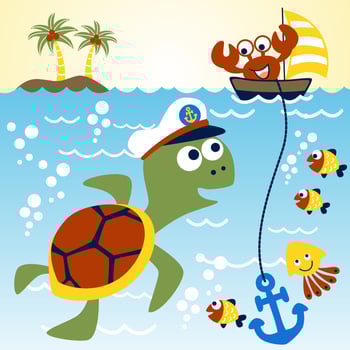 Marine animals cartoon, turtle wearing sailor cap, funny crab on sailboat, vector cartoon illustration