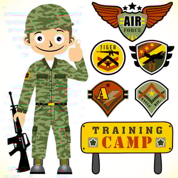 Young soldier holding weapon with set of military logo, vector cartoon illustration