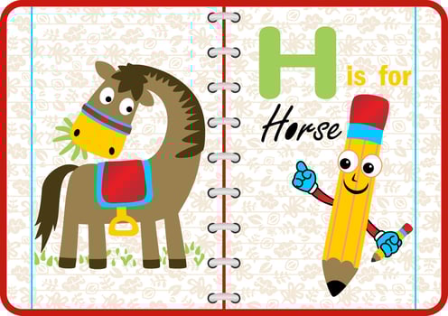 Funny horse with smiling pencil on note book background, vector cartoon illustration