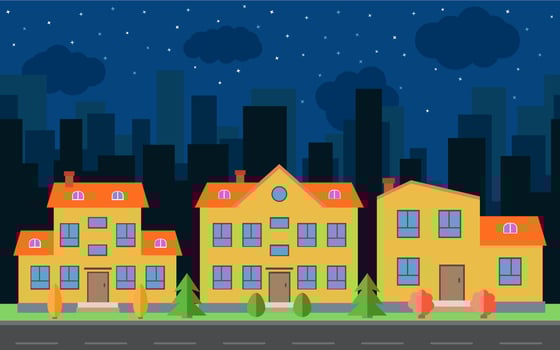 Vector night city with cartoon houses and buildings. City space with road on flat style background concept. Summer urban landscape. Street view with cityscape on a background