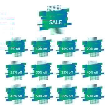 Set of green sale banners on the modern gradient shape. Geometric trendy banners with discounts of five to sixty percent. Modern gradient shape with promotion text. Vector illustration.
