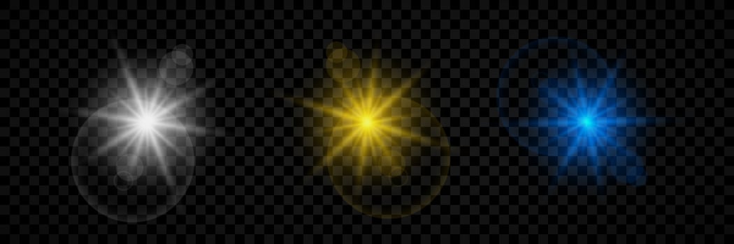 Light effect of lens flares. Set of three white, yellow and blue glowing lights starburst effects with sparkles. Vector illustration