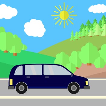 Dark Blue Sport Utility Vehicle on a Road on a Sunny Day. Summer Travel Illustration. Car over Landscape. vector