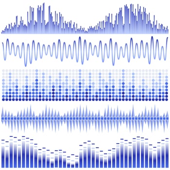 Vector set of blue sound waves. Audio equalizer. Sound and audio waves isolated on white background.