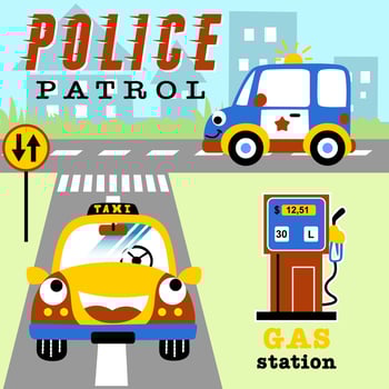 Funny cars in city road, city traffic elements, vector cartoon illustration