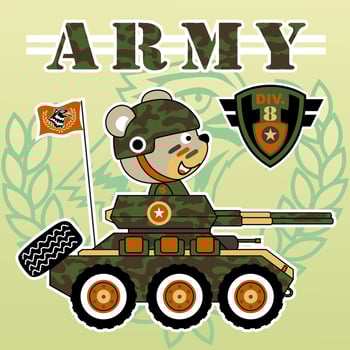 Cute bear in soldier costume driving armored vehicle, vector cartoon illustration