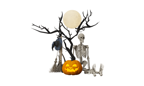 Happy Halloween party posters set with night clouds and pumpkins in cartoon illustration. Full moon, witch cauldron, spiders web and skull. Place for text. Brochure background. 3d render png