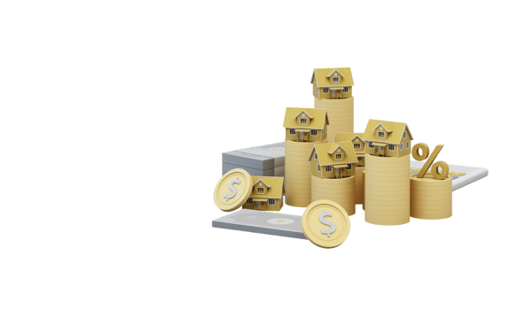 big arrow symbol Higher Interest Rates for Home Real Estate Ideas Savings on real estate of financial stability and growth and space for entering text on a yellow background, realistic 3D rendering. png