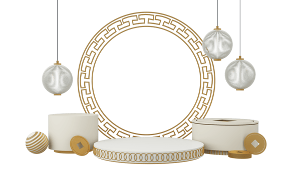 Chinese New Year style red and white podium product showcase with gold and gift, lantern, China pattern scene background. 2023 year Holiday traditional festival concept. 3D rendering png