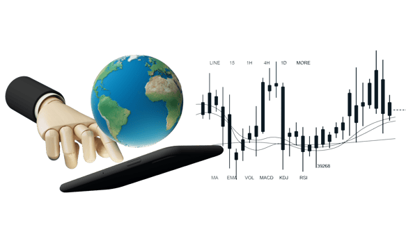 digital currency gold coins It is enclosed around a digital currency chart with bars candlestick patterns alternating up and down with smartphone screen on background. 3d render png