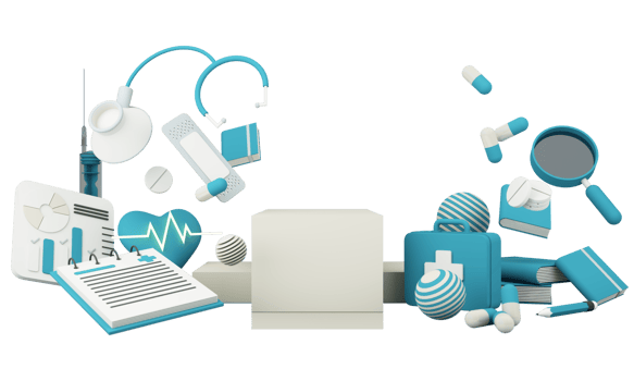 Health insurance concept with words coverage, protection, risk, and security online medicine on a virtual screen and a cartoon wood hand touching a button, isolated on blue background 3d rendering png