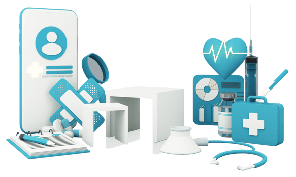 Health insurance concept with words coverage, protection, risk, and security online medicine on a virtual screen and a cartoon wood hand touching a button, isolated on blue background 3d rendering png