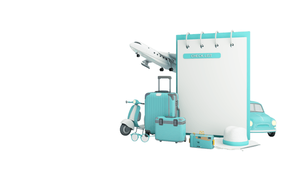 Travel and adventure and departure concept In summer,check list form surrounded by luggage, camera, sunglasses, hat with scooter car and airplane. green and yellow tones 3d render illustration PSD png
