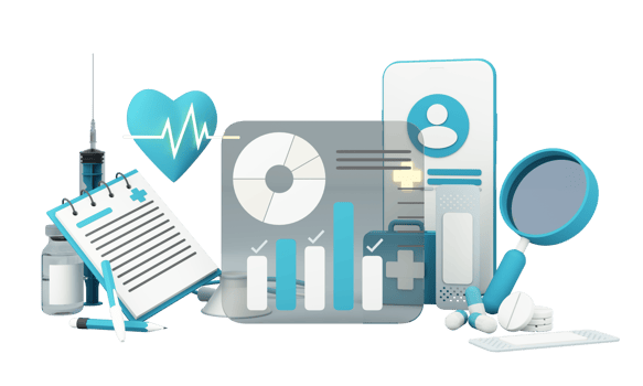 Health insurance concept with words coverage, protection, risk, and security online medicine on a virtual screen and a cartoon wood hand touching a button, isolated on blue background 3d rendering png