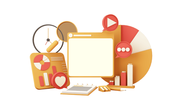 Digital Marketing, web analytics and marketing social media concept with play, chat message, love icon, magnifying glass and display bar and smile face. 3d rendering illustration png