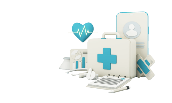 Health insurance concept with words coverage, protection, risk, and security online medicine on a virtual screen and a cartoon wood hand touching a button, isolated on blue background 3d rendering png