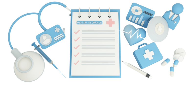 Health insurance concept with words coverage, protection, risk, and security online medicine on a virtual screen and a cartoon wood hand touching a button, isolated on blue background 3d rendering png